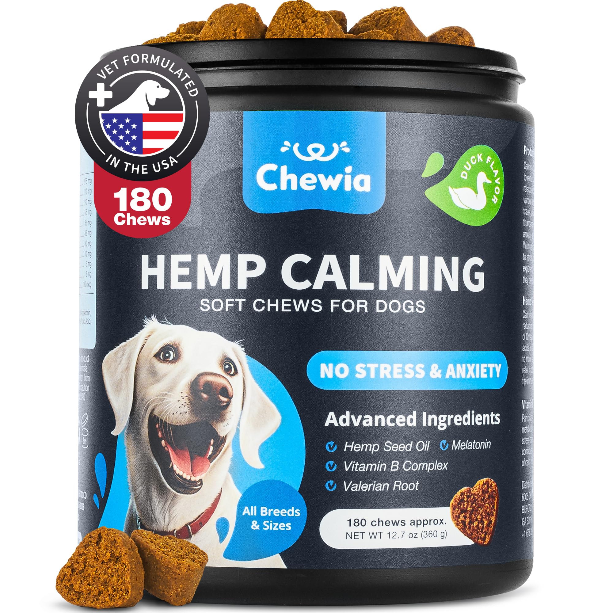 CHEWIA Hemp Calming Chews for Dogs Anxiety - 180 Duck Flavor Treats for Dog Calming with Valerian Root, Chamomile Extract & L-Theanine - Dog Chews for Vet Visits, Travel, Thunderstorms, Nail Trimming