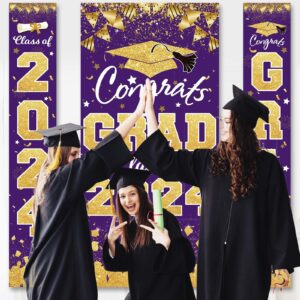 2024 Graduation Party Decorations - Purple Gold Class of 2024 Congrats Grad Banner 2024 Graduation Party Supplies Front Door Cover Porch Sign Banner Wall Backdrop Decor