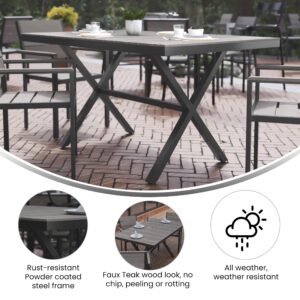 Flash Furniture Finch Commercial Grade X-Frame Outdoor Dining Table 59" x 35.5" with Faux Teak Poly Slats and Metal Frame, Gray/Gray