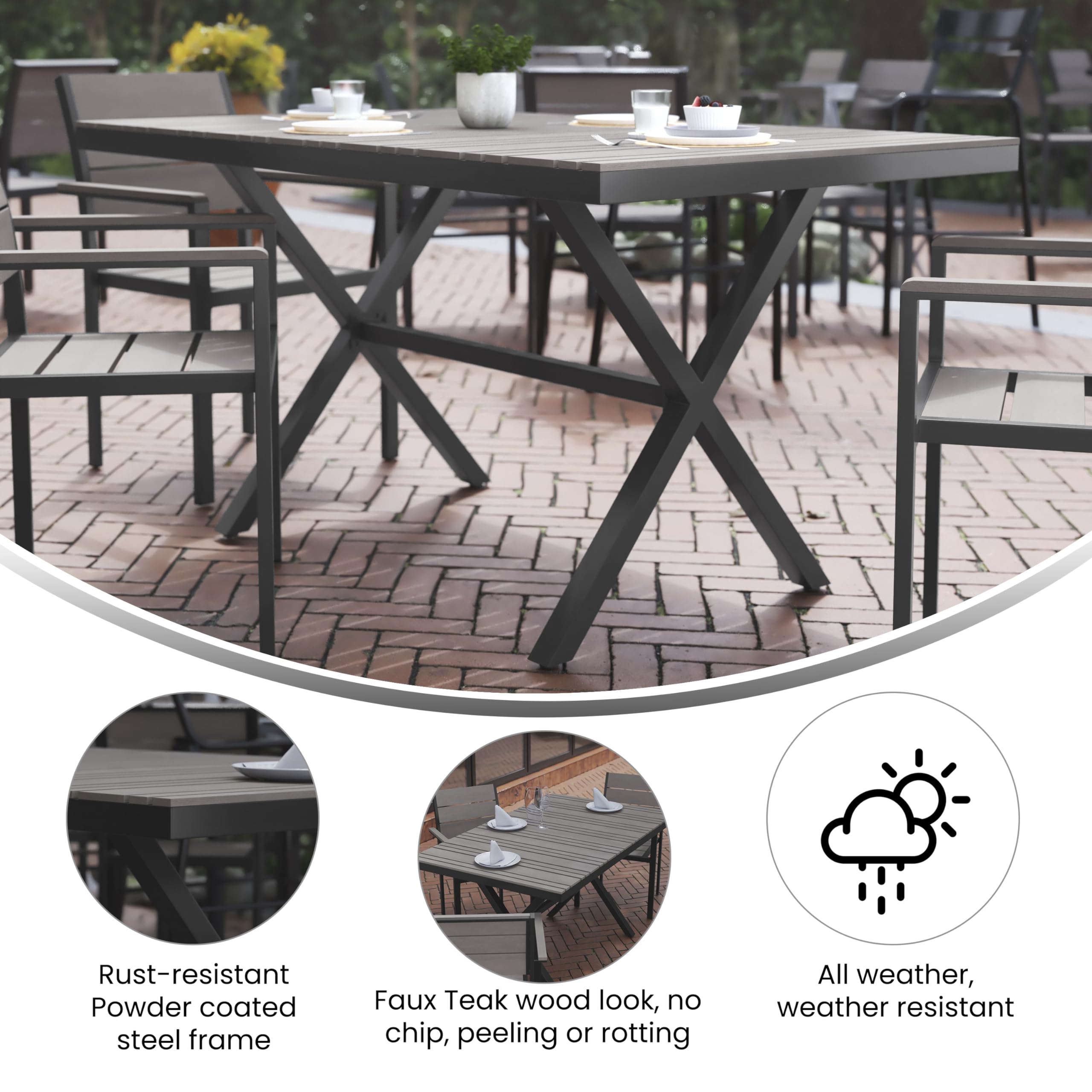 Flash Furniture Finch Commercial Grade X-Frame Outdoor Dining Table 59" x 35.5" with Faux Teak Poly Slats and Metal Frame, Gray/Gray