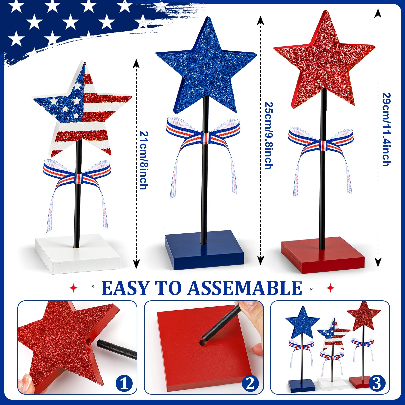 3 Pieces Labor Day Decorations Wood Star Set,Rustic Veterans Day Decorations,Red White and Blue Decorations for Home Tables, Patriotic Tiered Tray Decor(Star)