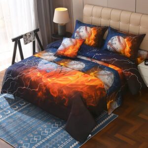 JQinHome Twin Baseball and Fire Comforter Sets for Boys,6 Piece Bed in A Bag 3D Sport Themed Bedding -All Season Soft Microfiber Bedding Sets, Pillowcase, Flat Sheet, Fitted Sheet,Cushion Cover