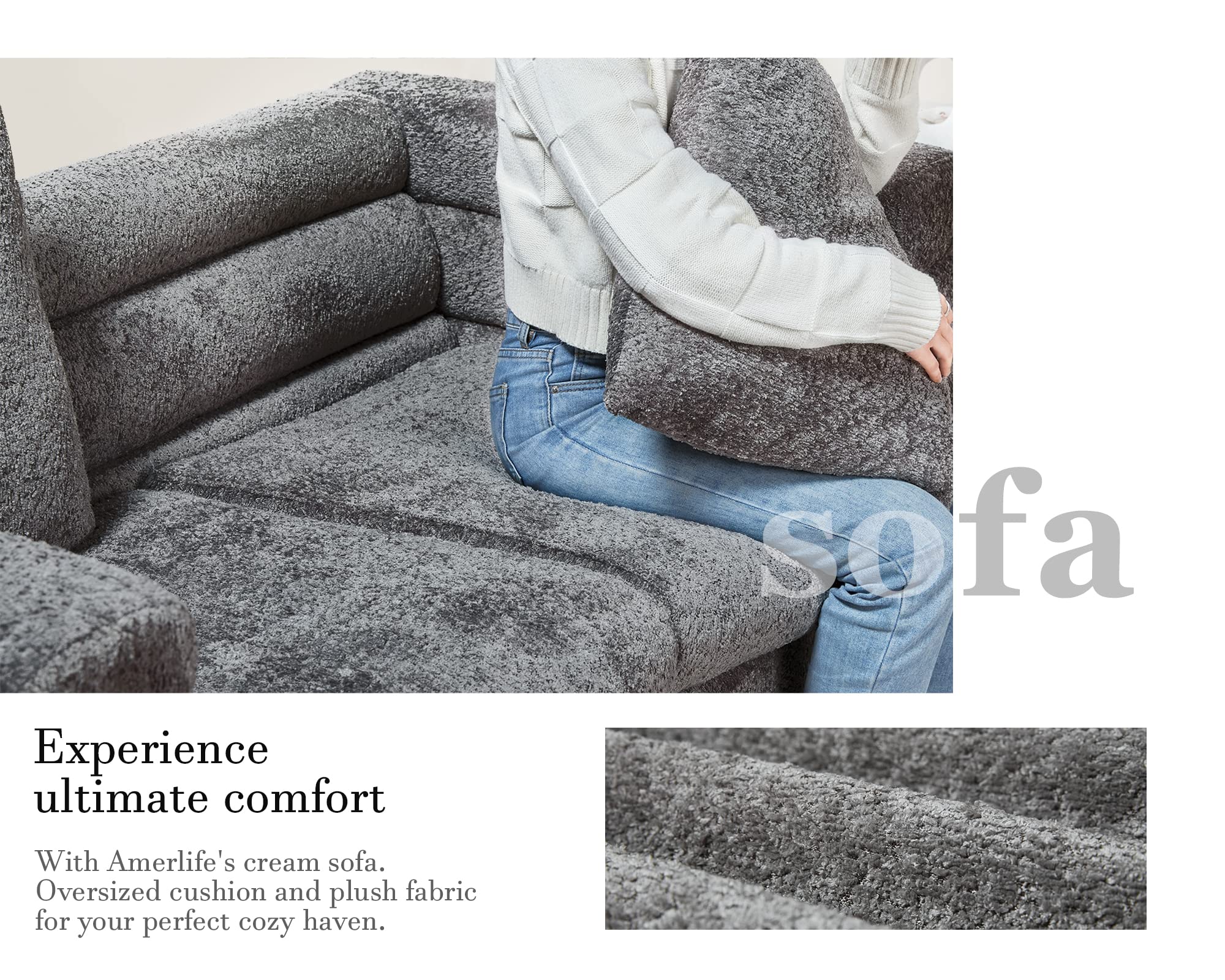 AMERLIFE Sofa, Oversize Sofa-Bouclé Sofa Couch, Deep Seat Sofa York Sofa for Living Room-3 Seater Sofa, Cloud Sofa(Dark Grey)