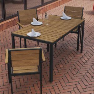 Flash Furniture Finch Commercial Grade Outdoor Dining Table 55" x 31" with Faux Teak Poly Slats and Metal Frame, Natural/Gray