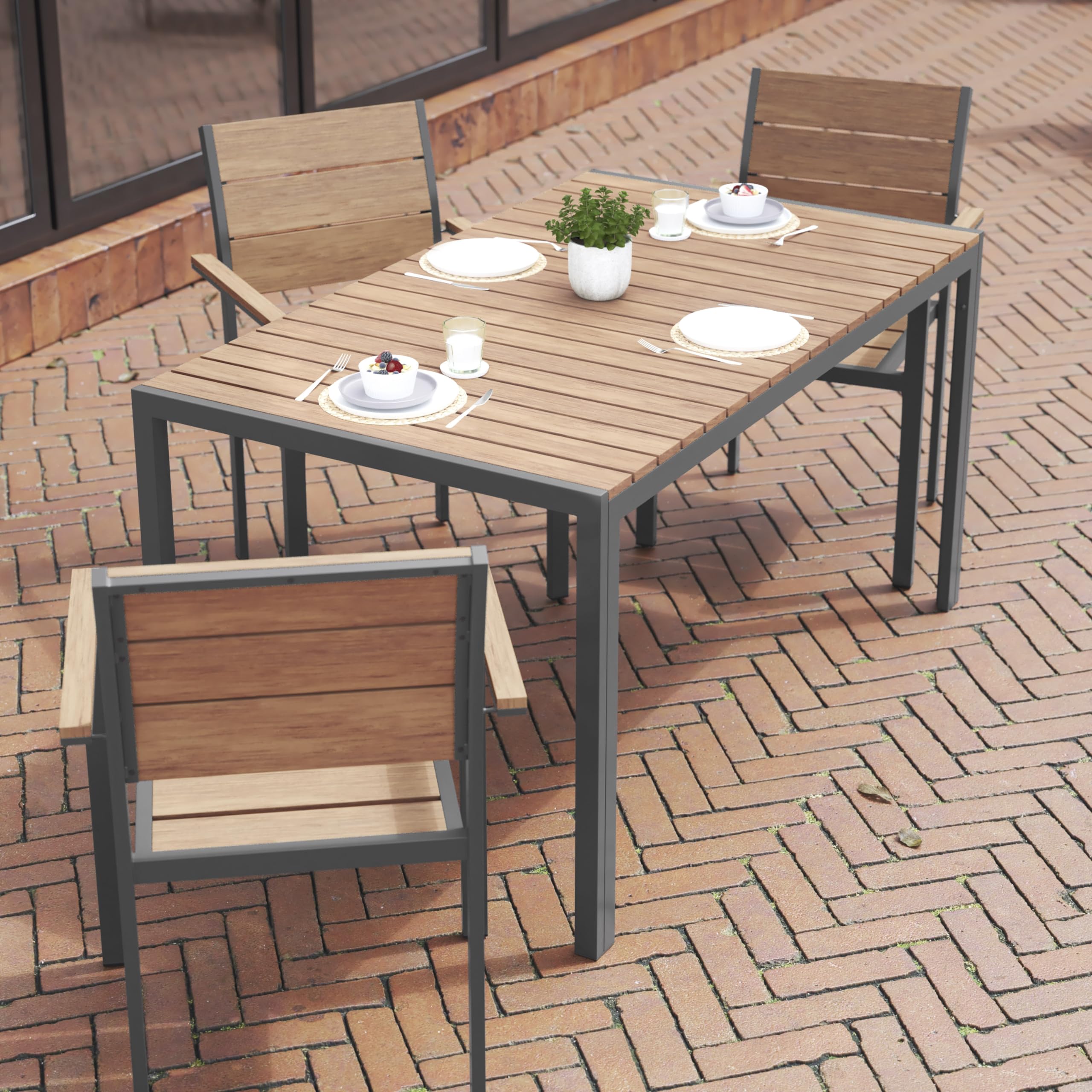 Flash Furniture Finch Commercial Grade Outdoor Dining Table 55" x 31" with Faux Teak Poly Slats and Metal Frame, Natural/Gray