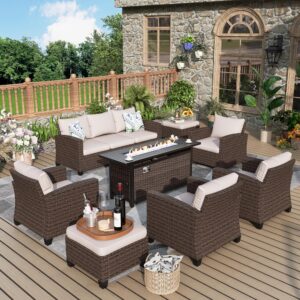 mixpatio patio furniture set, 8 pcs wicker outdoor conversation set, 4 x leg chairs, 1 x 3 seater sofa and 2 x ottoman with 4" thick cushion and 56" fire pit table, beige