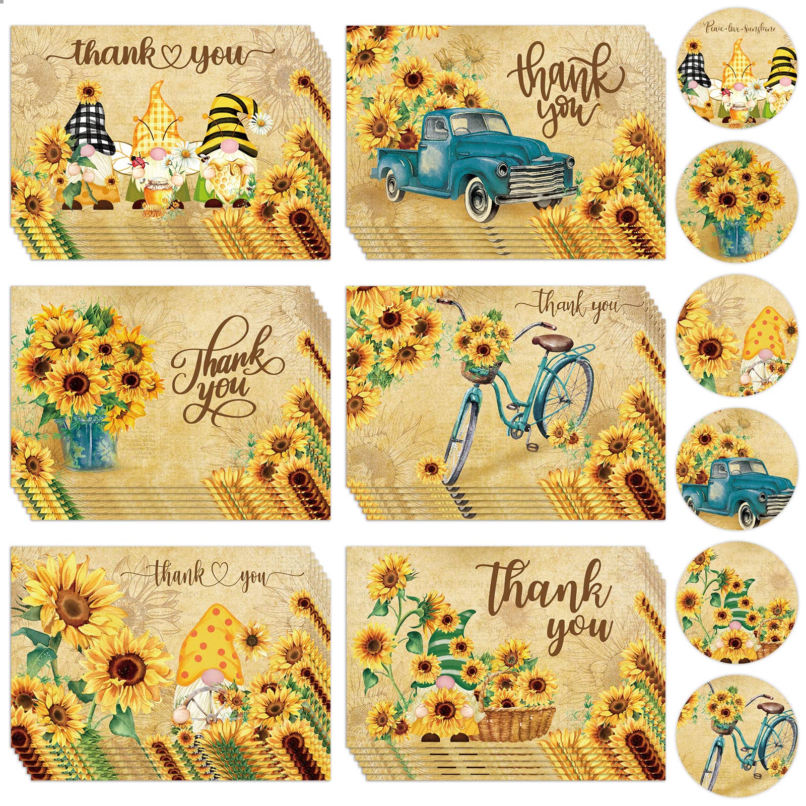 Whaline 36 Pack Sunflower Thank You Cards Vintage Spring Summer Flower Truck Notes with Stickers Envelopes Retro Floral Blank Cards for Baby Shower Wedding Birthday Bridal Shower Party