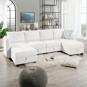 naomi home modular convertible u-shaped sectional sofa with reversible chaise, oversized couch, elizabeth sectional sofa with ottoman - linen upholstery, white