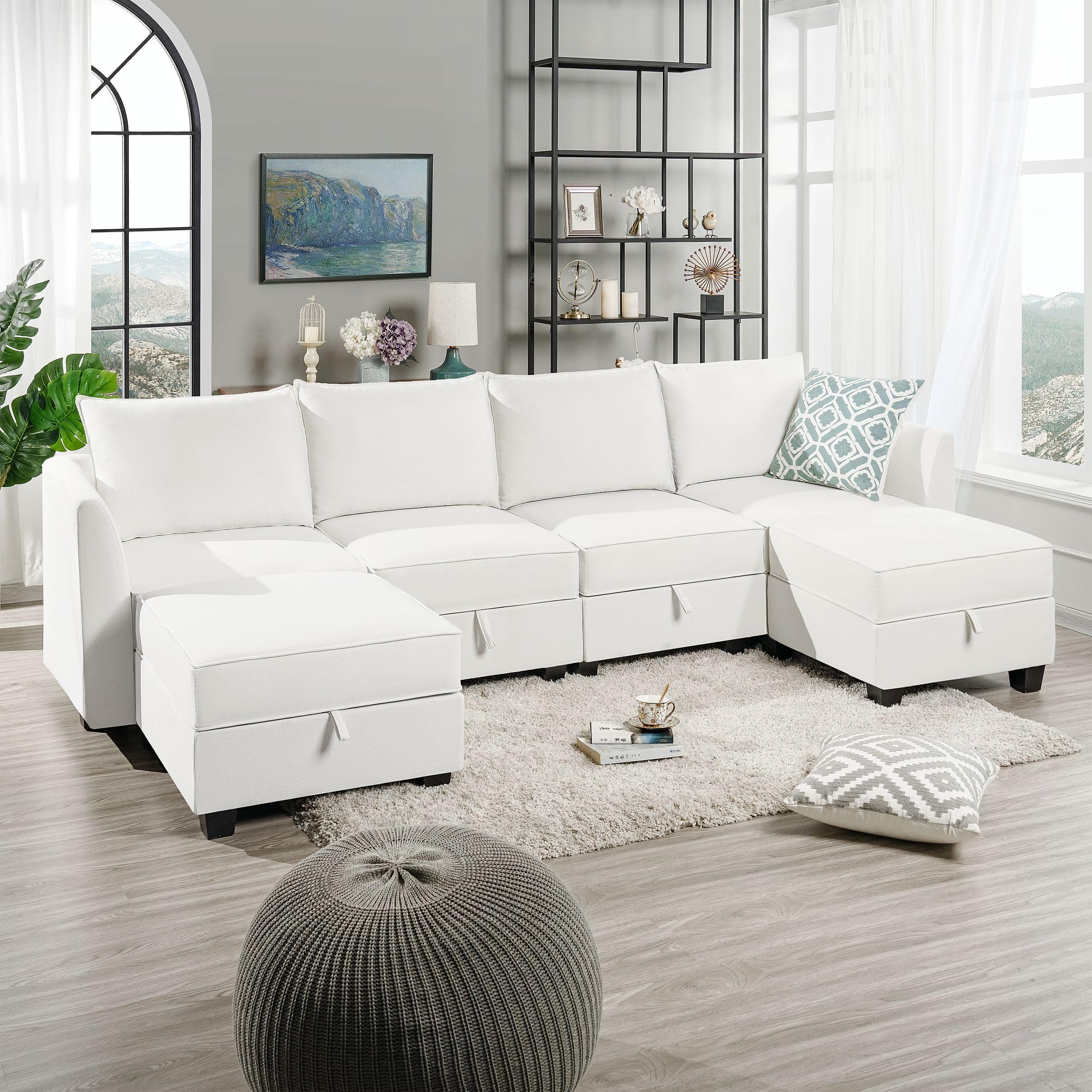 Naomi Home Modular Convertible U-Shaped Sectional Sofa with Reversible Chaise, Oversized Couch, Elizabeth Sectional Sofa with Ottoman - Linen Upholstery, White