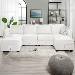 Naomi Home Modular Convertible U-Shaped Sectional Sofa with Reversible Chaise, Oversized Couch, Elizabeth Sectional Sofa with Ottoman - Linen Upholstery, White