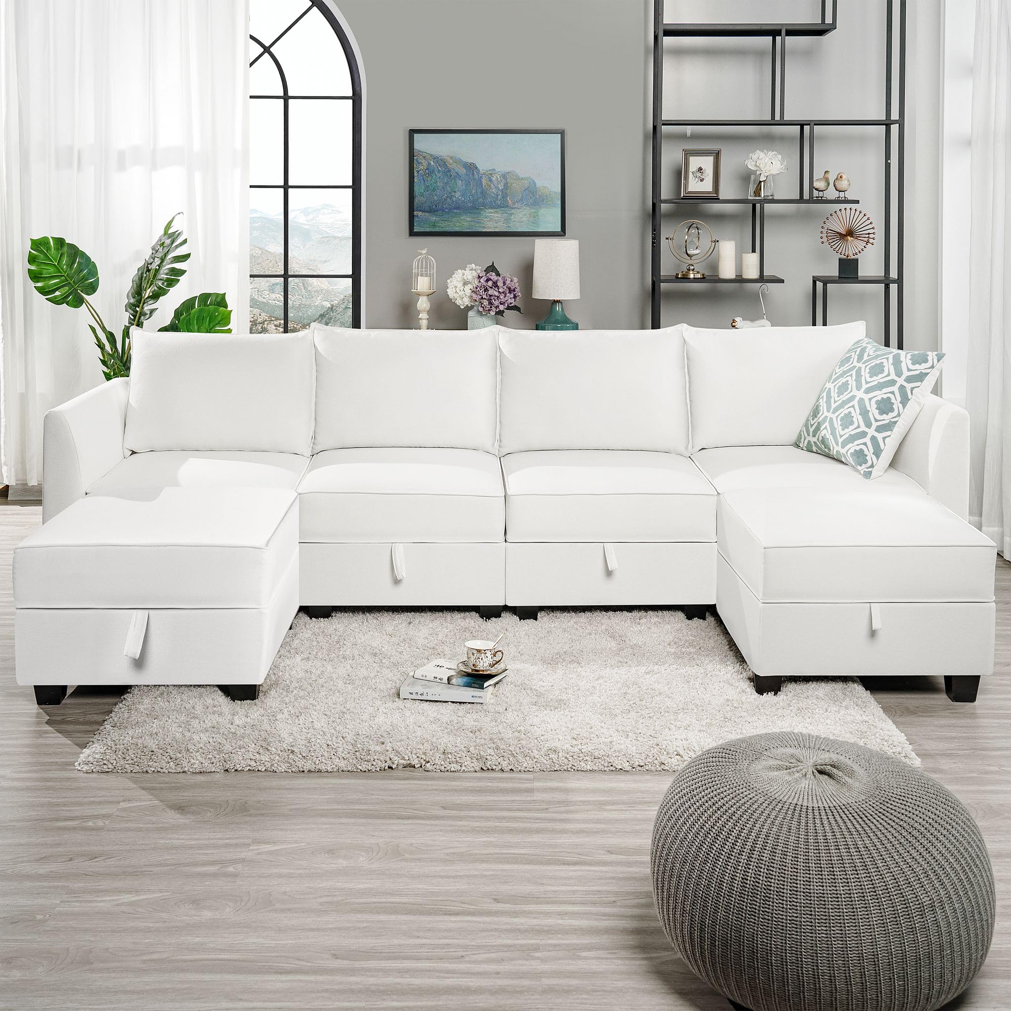 Naomi Home Modular Convertible U-Shaped Sectional Sofa with Reversible Chaise, Oversized Couch, Elizabeth Sectional Sofa with Ottoman - Linen Upholstery, White