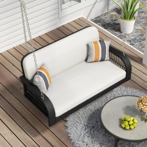 50'' Porch Swing Loveseat, Outdoor Patio Furniture Rattan Wicker Swing Chair with Adjustable Chains, 2-Person Hanging Seat Porch Swing Bench (White Wicker + Gray Cushion)