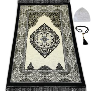 ESERRA Muslim Prayer Rug, 99 Prayer Beads and Prayer Cap Included, Prayer Mats Muslim for Praying Men, Women, and Kids, Prayer Set, Prayer Rugs Islam (Black)