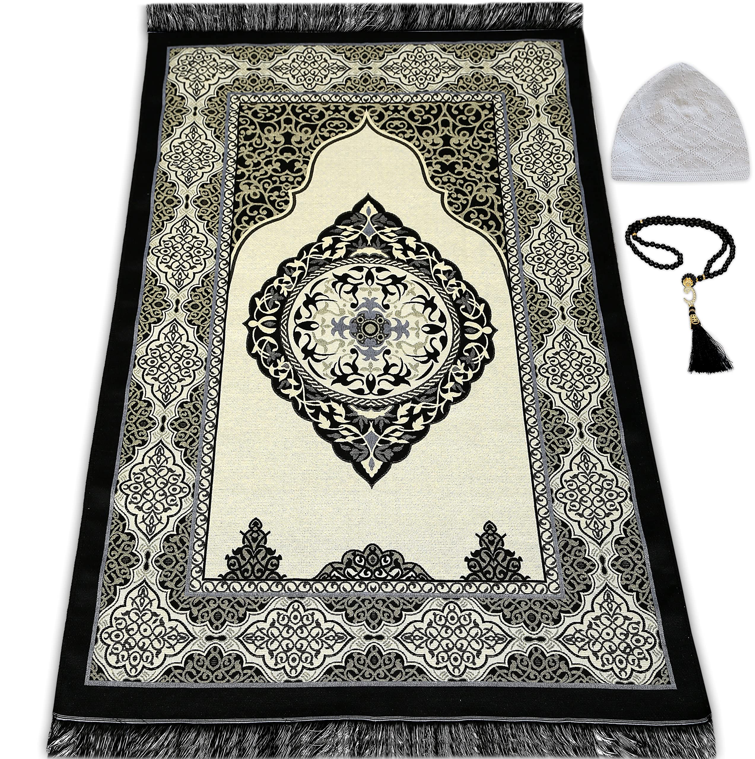 ESERRA Muslim Prayer Rug, 99 Prayer Beads and Prayer Cap Included, Prayer Mats Muslim for Praying Men, Women, and Kids, Prayer Set, Prayer Rugs Islam (Black)