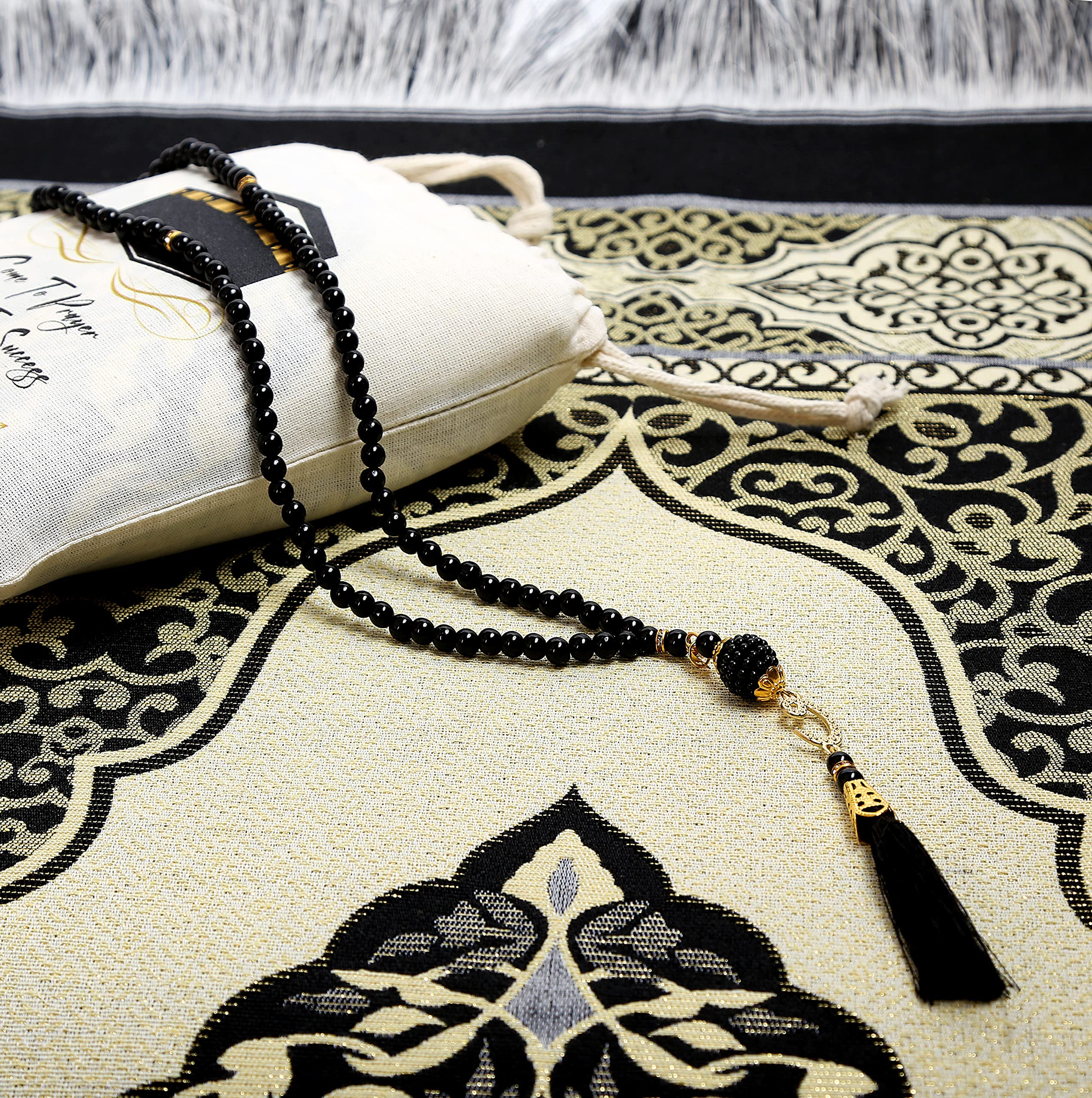 ESERRA Muslim Prayer Rug, 99 Prayer Beads and Prayer Cap Included, Prayer Mats Muslim for Praying Men, Women, and Kids, Prayer Set, Prayer Rugs Islam (Black)