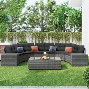 merax 8-pieces outdoor wicker round sectional curved sofa set with rectangular coffee table, pe rattan water-resistant and uv protected, movable cushion, half-moon style, grey