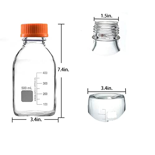 BKMAMLAB 500ml Round Media Storage Bottles with GL45 Screw Cap Borosilicate Glass Maximum temperature 249.8°F Pack of 3