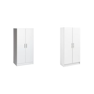 prepac elite 2 door wardrobe cabinet, 32" w x 65" h x 20" d, white & elite 2 door standing storage cabinet, 16" d x 32" w x 65" h, white