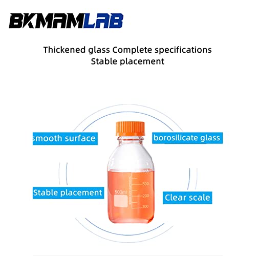 BKMAMLAB 500ml Round Media Storage Bottles with GL45 Screw Cap Borosilicate Glass Maximum temperature 249.8°F Pack of 3