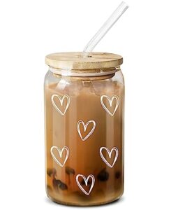 neweleven cute glass coffee cups with lids and straw – aesthetic cups – iced coffee cup, coffee tumbler, glass tumbler – christmas gifts for women, coffee lover - 16 oz coffee glass