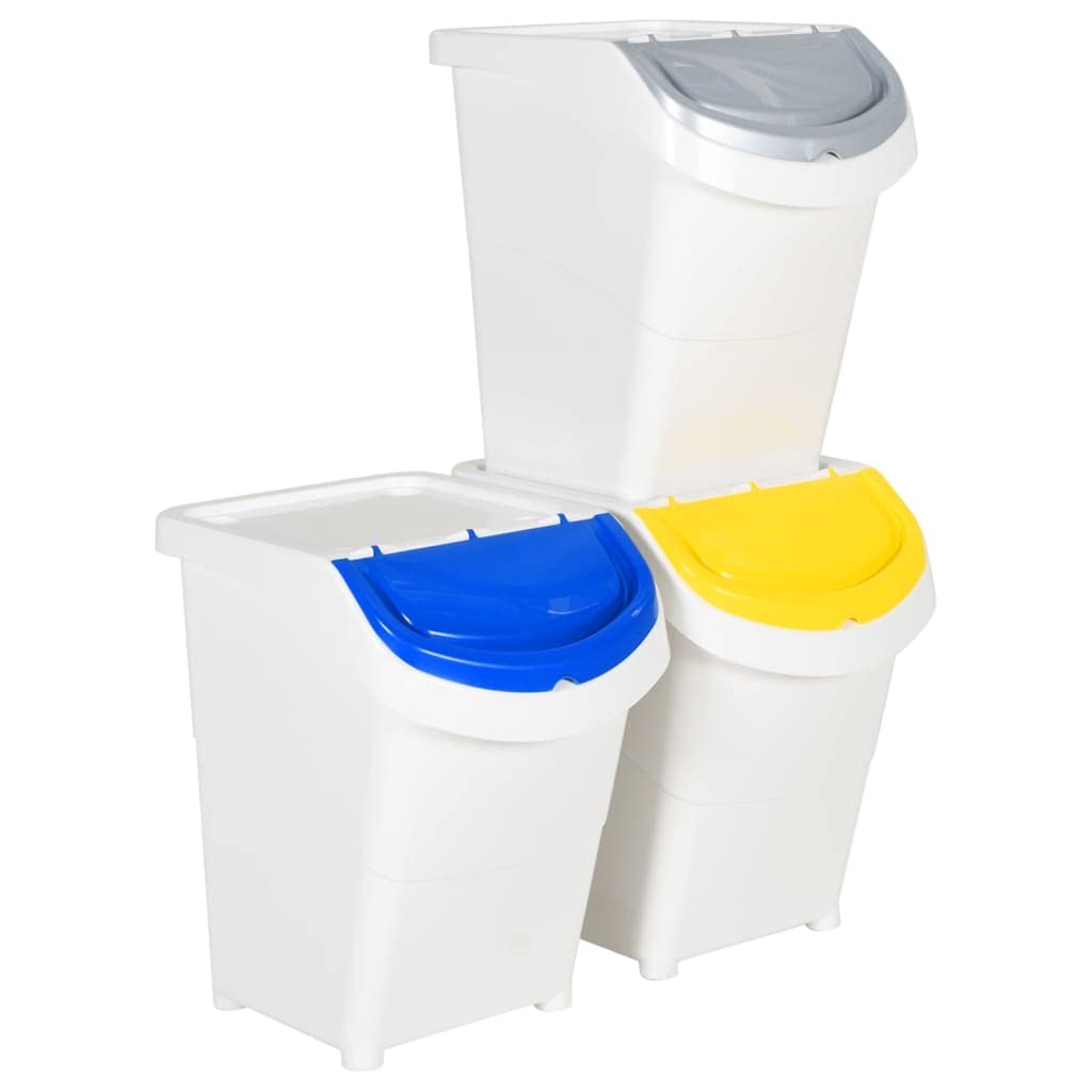 vidaXL 3-Piece Stackable Waste Bins with Detachable Lids, White Polypropylene, 31.7 Gal Total Capacity, Easy Cleaning, Lightweight and Impact-Resistant