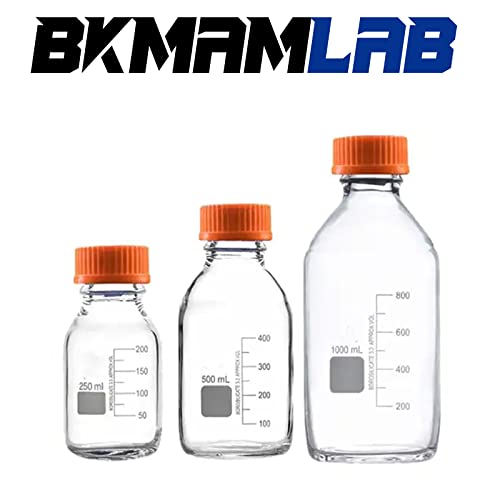 BKMAMLAB 500ml Round Media Storage Bottles with GL45 Screw Cap Borosilicate Glass Maximum temperature 249.8°F Pack of 3