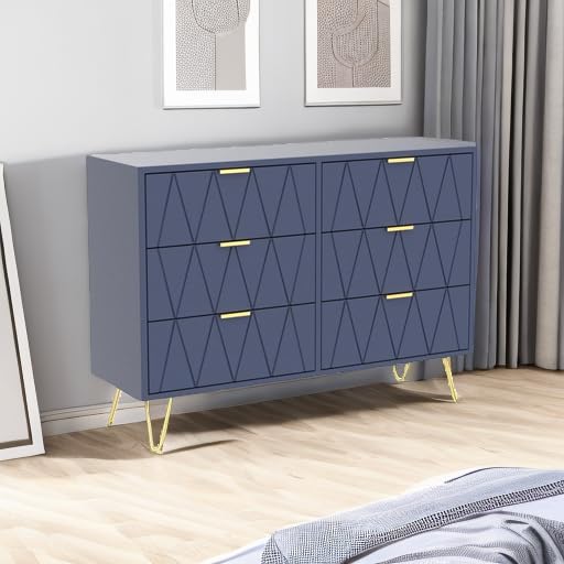 UEV 6 Drawer Dresser,Modern Dresser Chest with Wide Drawers and Metal Handles,Wood Storage Chest of Drawers for Bedroom,Living Room,Hallway,Entryway (Navy Blue)