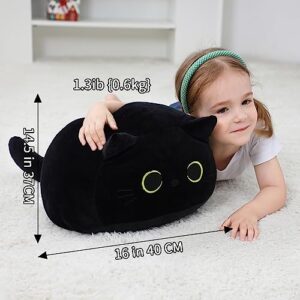 WeBingo Black Cat Plush Toy 16'' Black Cat Pillow, Soft Plush Doll Black Cat Stuffed Animal, 3D Black Cat Plushies Pillow Baby Cute Plush Toys Shape Cat Design Sofa Fat Pillow Gifts for Boys Girls