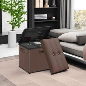 DocSafe Storage Ottoman with Lock,Fireproof Folding Ottoman Foot Rest Stool Storage Chest with Storage Safe for Important Documents,Waterproof 17 Inches Short Ottoman Foot Stool with Handles,Brown