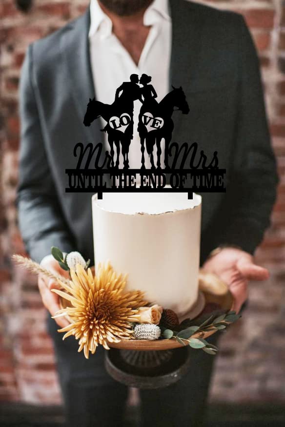 Yuezoloz Funny Cowboy Wedding Cake Topper - Cowboy Groom and Bride Riding Side by Side Kiss Each Other - Horse Riding Couple Cake Topper, Farmer Couple Cake Topper, Rustic Horse Wedding Cake Topper