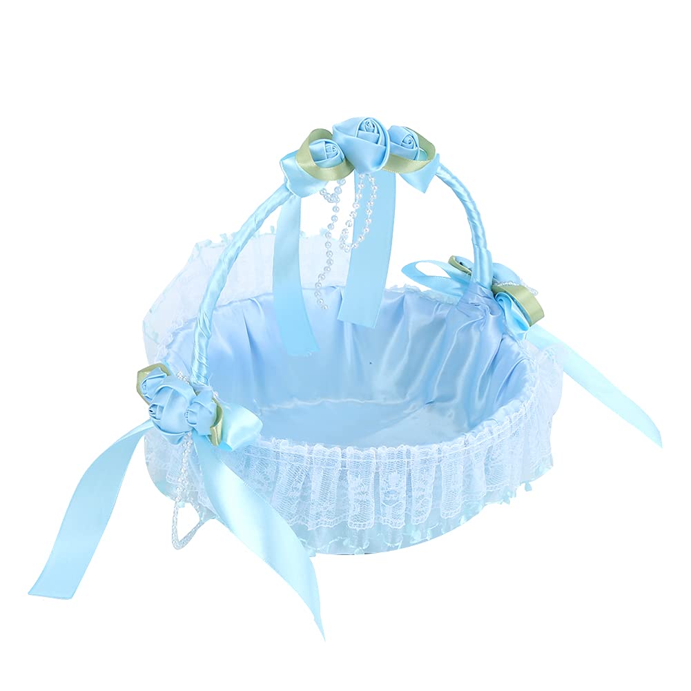 Flower Girl Basket, Cute Handle Flower Girl Basket, Wedding Flower Girl Baskets, Bridal Flower Basket, Flowers Bouquet for Wedding Party Banquet, Wedding Party Decoration (Blue)