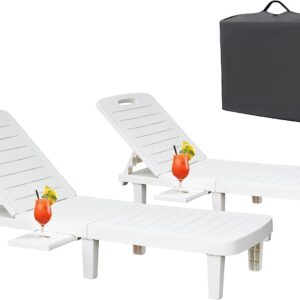 LUCKYERMORE Outdoor Chaise Lounge Set of 3, Patio Lounge Chairs for Outside, 74" Pool Lounge Chairs w/ 4 Level Adjustable Backrest, 350lbs Weight Capacity Plastic White Pool Furniture, Waterproof