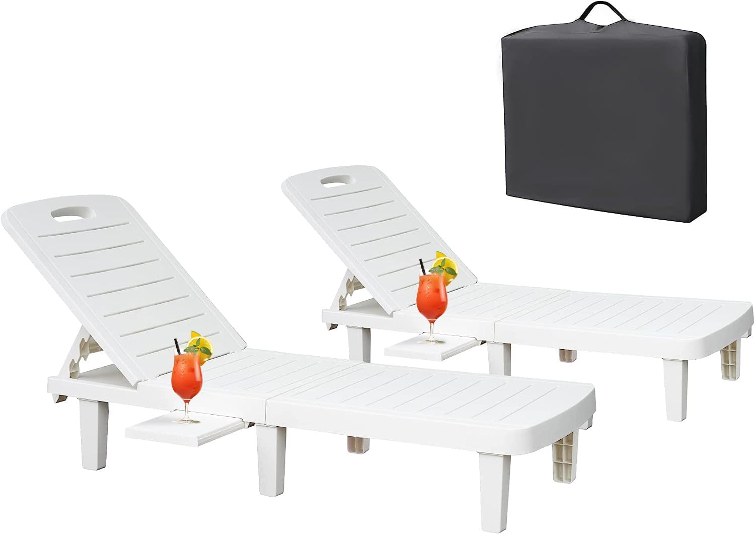 LUCKYERMORE Outdoor Chaise Lounge Set of 3, Patio Lounge Chairs for Outside, 74" Pool Lounge Chairs w/ 4 Level Adjustable Backrest, 350lbs Weight Capacity Plastic White Pool Furniture, Waterproof