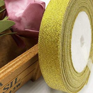 50 Yards Gold Glitter Ribbon 3/8 Inch, Sparkly Thin Solid Fabric Ribbon for Gift Wrapping, Crafts, Holiday Wedding Birthday Party Decoration Floral Bouquet, Metallic Gold Ribbon Roll