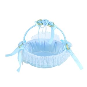 Flower Girl Basket, Cute Handle Flower Girl Basket, Wedding Flower Girl Baskets, Bridal Flower Basket, Flowers Bouquet for Wedding Party Banquet, Wedding Party Decoration (Blue)