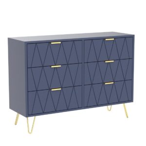 UEV 6 Drawer Dresser,Modern Dresser Chest with Wide Drawers and Metal Handles,Wood Storage Chest of Drawers for Bedroom,Living Room,Hallway,Entryway (Navy Blue)