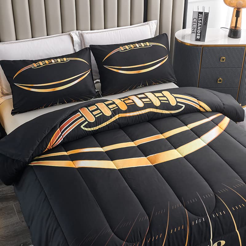 Helloosuu Boys Comforter Set, Twin Size, Football Themed, 3 PCS Including 1 Comforter & 2 Pillowcases, All Season Use, Black and Gold