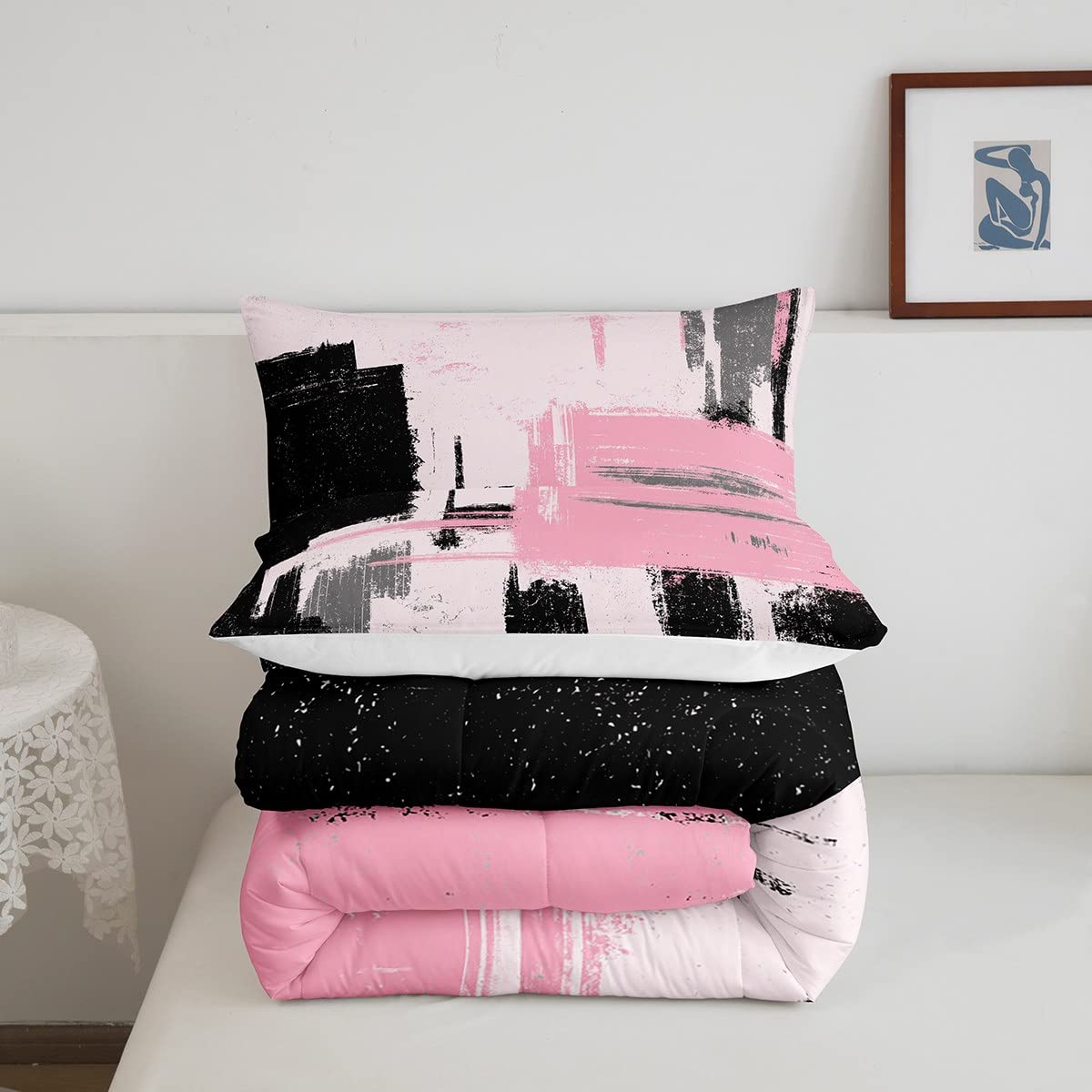 Feelyou Abstract Comforter Modern Abstract Art Comforter Set for Boys Girls Children Pink Black Pattern Bedding Set Room Decor Queen Size Duvet Set 3Pcs