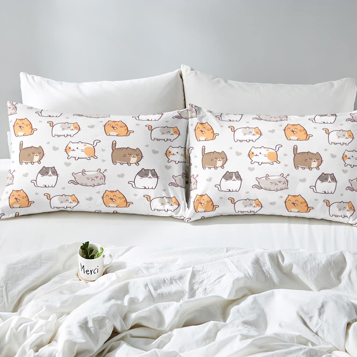 Erosebridal Cartoon Animal Bed Set Kawaii Cats Duvet Cover, Pet Kitten Bedding Set King, Cute Hearts Comforter Cover, Grey Gray Brown Orange Bed Cover Preppy Dorm Decor 3pcs