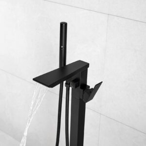 RUMOSE Matte Black Bathtub Filler Freestanding Tub Filler Floor Mount Tub Faucet Waterfall Free Standing Bathtub Faucet High Flow Brass Bath Shower Faucets with Handheld Sprayer