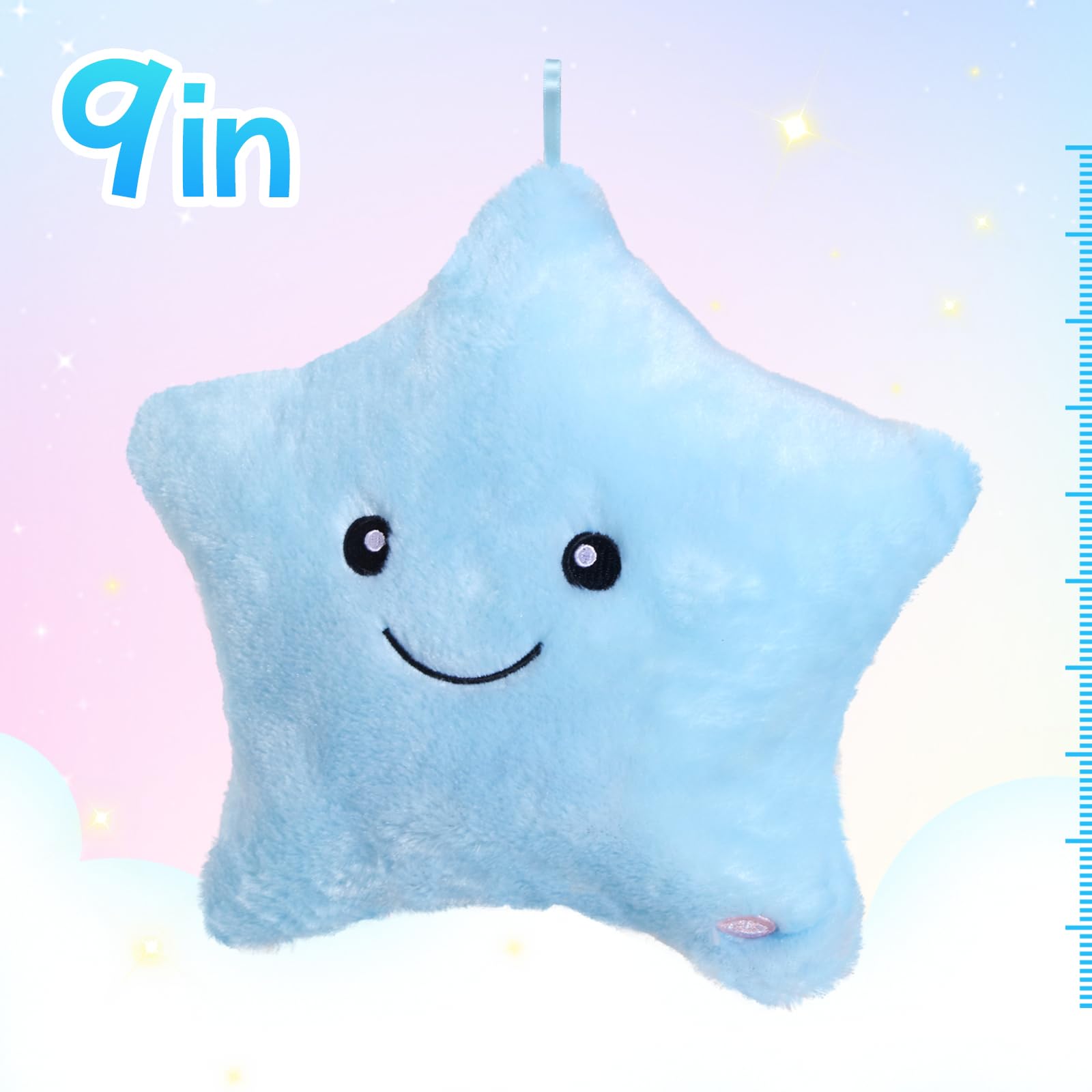 WEWILL 9'' LED Twinkle Star Soft Plush Pillow Toys Glowing Stuffed Star Light up Pillow Plush with Colorful Night Lights Birthday Valentines Day Gift for Toddler Kids(Blue)