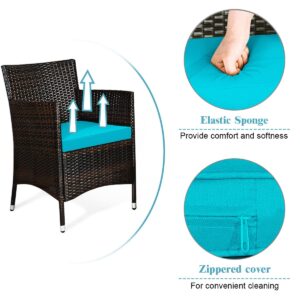 Toolsempire 4 Pieces Patio Sofa Set, Wicker Conversation Set with Ergonomic Curved Backrest, Rattan Furniture Set with Water-Resistant Cushion & Tempered Glass Table for Balcony, Porch (Turquoise)