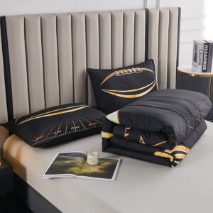 Helloosuu Boys Comforter Set, Twin Size, Football Themed, 3 PCS Including 1 Comforter & 2 Pillowcases, All Season Use, Black and Gold