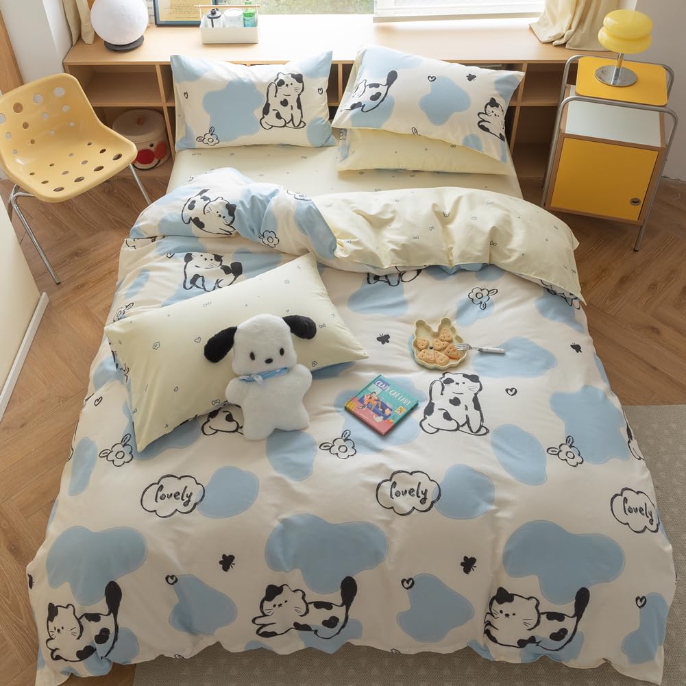 LIWHENHAO Rabbit Duvet Cover Set Twin 100% Cotton Bedding Cartoon Bunny Garden Red Apple Floral Pattern 1 Kawaii Flower Comforter Cover Zipper Closure 2 Pillowcases for Kids Girls Boys