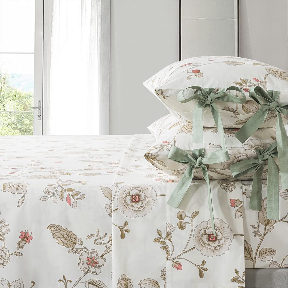 FADFAY 7 Piece 100% Cotton Beige Floral Bedding Set Queen Size Sheet Set +Duvet Cover, Soft Pink Flower Complete Bedding Bed in a Bag(1 Duvet Cover, 1 Fitted Sheet, 1 Flat Sheet + 4 Pillowcase)