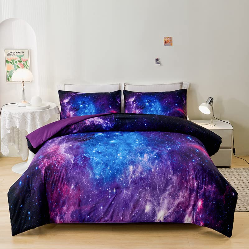 Helloosuu Galaxy Bedding Twin,Girls Purple Comforter Set,Twin Size Comforter Set for Boys Kids,Teen Girl Bedding Set Twin,Space Bedding,Kids Comforter Set for Girls,Twin Girl Comforter Set