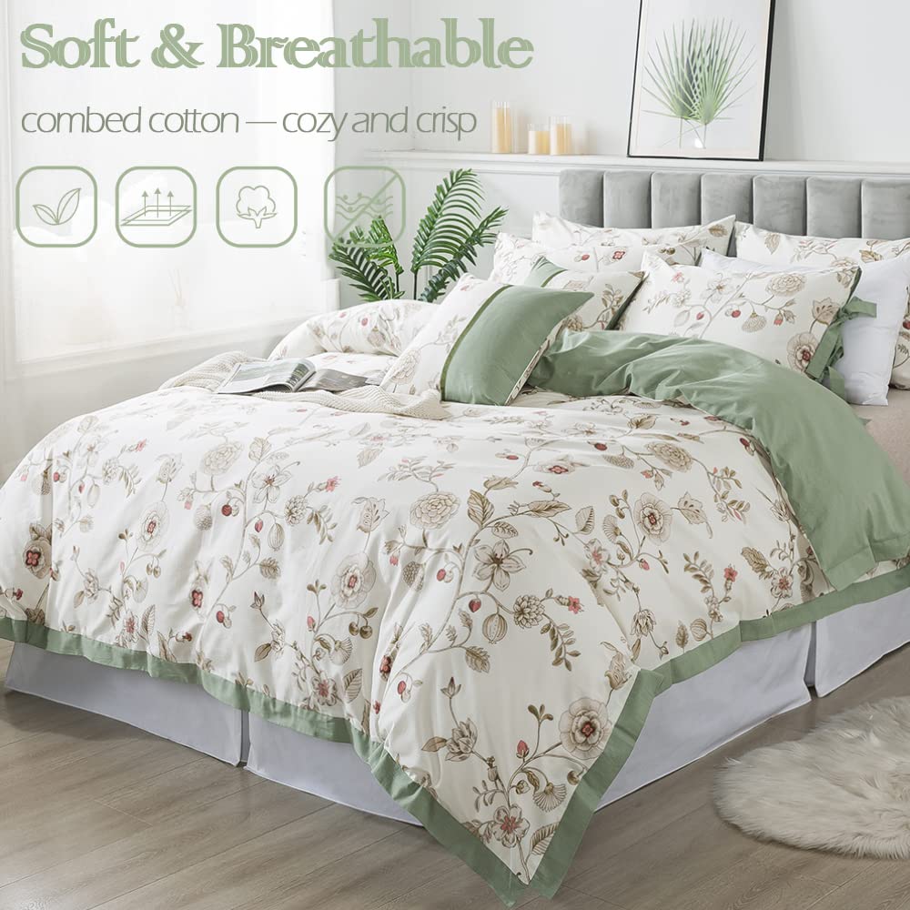 FADFAY 7 Piece 100% Cotton Beige Floral Bedding Set Queen Size Sheet Set +Duvet Cover, Soft Pink Flower Complete Bedding Bed in a Bag(1 Duvet Cover, 1 Fitted Sheet, 1 Flat Sheet + 4 Pillowcase)