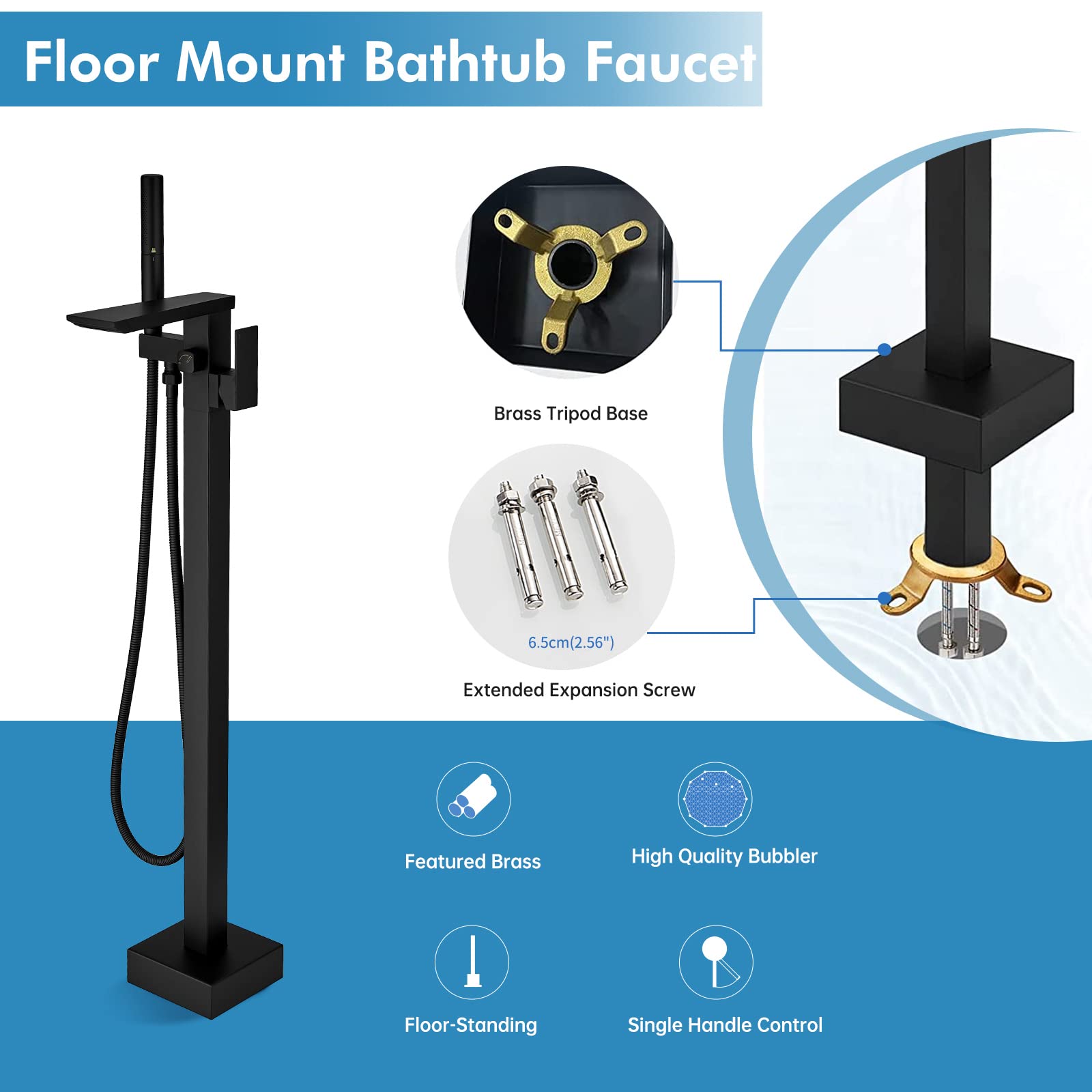 RUMOSE Matte Black Bathtub Filler Freestanding Tub Filler Floor Mount Tub Faucet Waterfall Free Standing Bathtub Faucet High Flow Brass Bath Shower Faucets with Handheld Sprayer