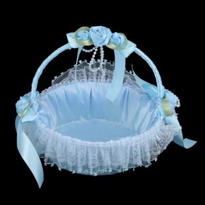 Flower Girl Basket, Cute Handle Flower Girl Basket, Wedding Flower Girl Baskets, Bridal Flower Basket, Flowers Bouquet for Wedding Party Banquet, Wedding Party Decoration (Blue)