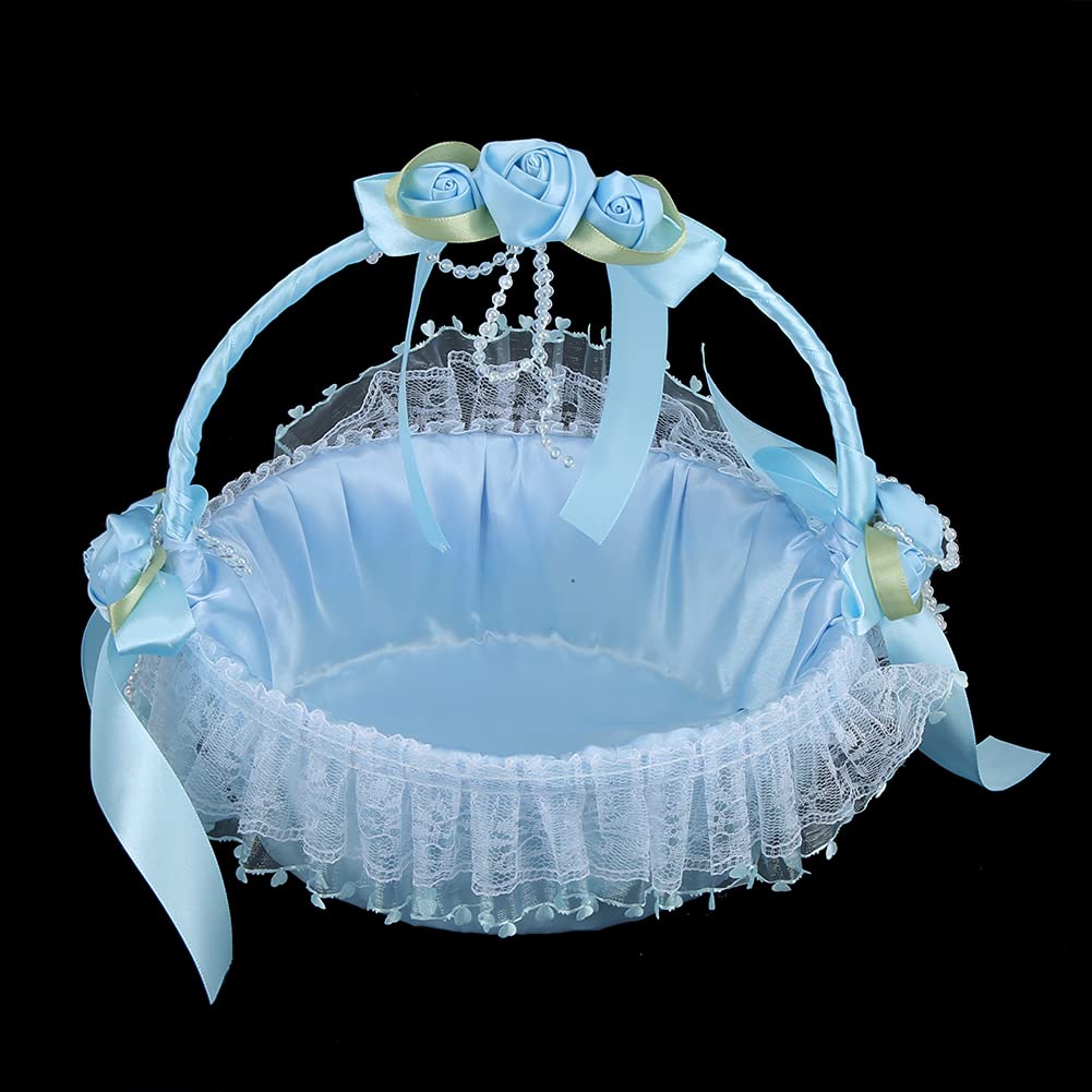 Flower Girl Basket, Cute Handle Flower Girl Basket, Wedding Flower Girl Baskets, Bridal Flower Basket, Flowers Bouquet for Wedding Party Banquet, Wedding Party Decoration (Blue)